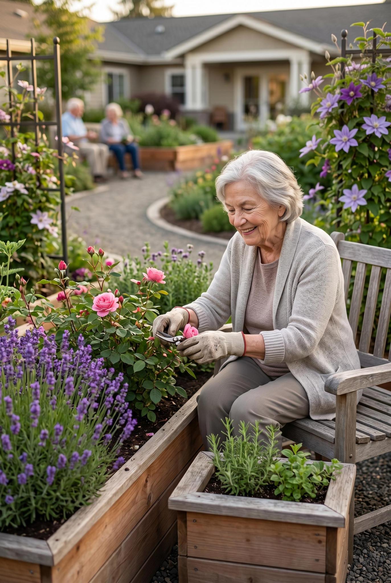 A resident pruning roses in the community garden