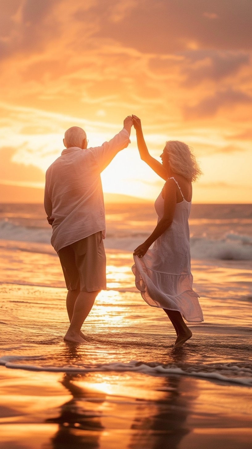 Two seniors dancing together on the beach at golden hour
