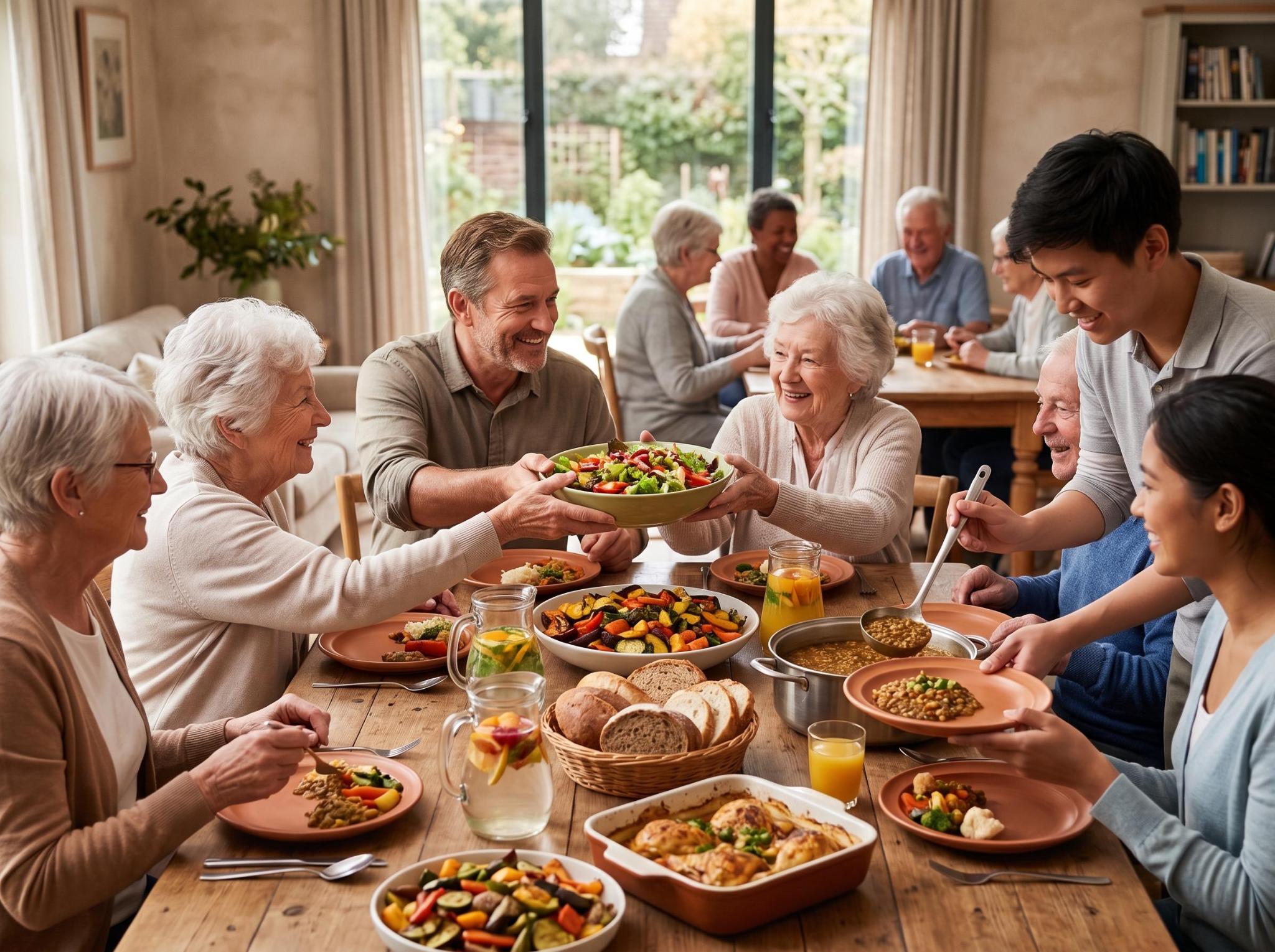 Residents and family sharing a meal around a table